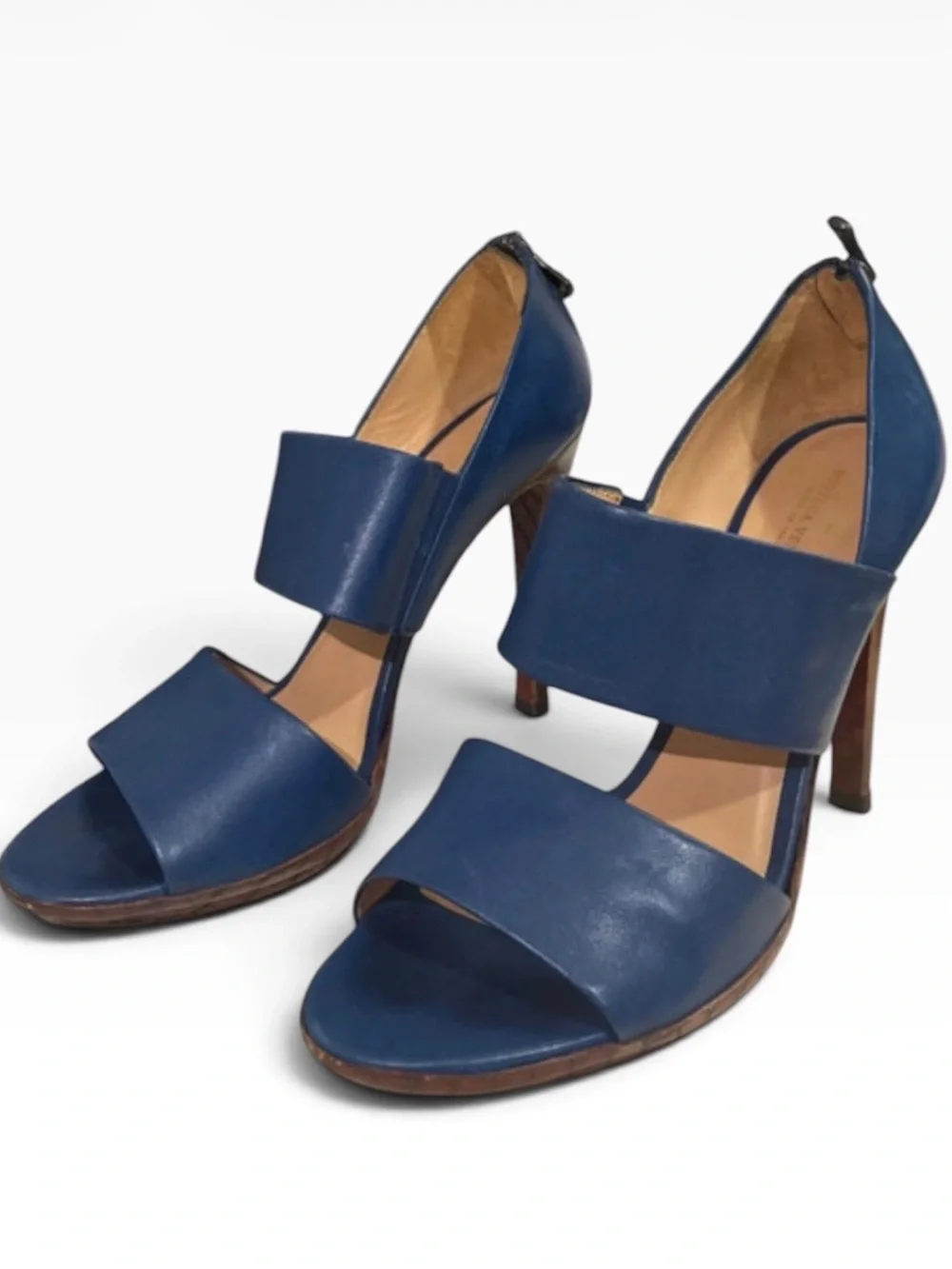 Bottega Veneta Vintage Blue Leather Double Strap Sandal Heels - Size 38